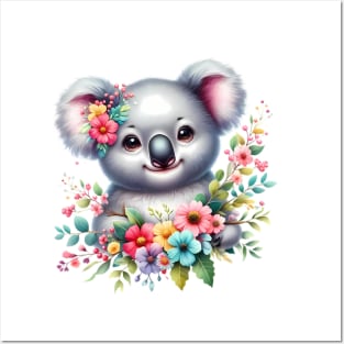 A baby koala bear decorated with beautiful colorful flowers. Posters and Art